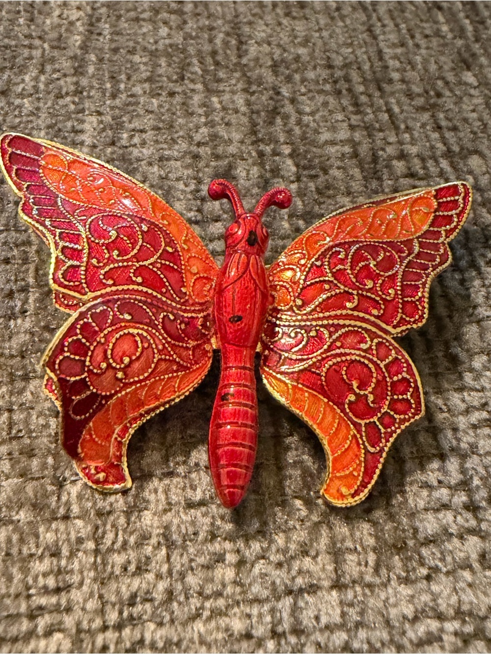 Vintage Red Enamel Butterfly Brooch Pin – Made in Germany – Gold Tone Filigree